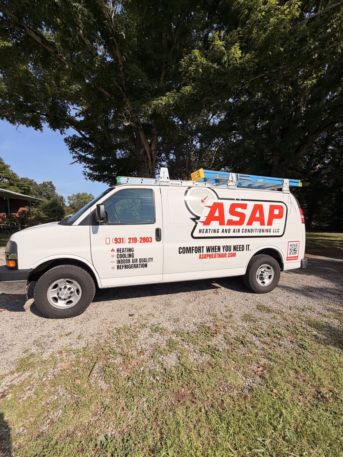 ASAP Heating and Air-Conditioning LLC branded service van with ladder rack, serving Centerville, Dickson, and Hickman County Tennessee for HVAC and refrigeration calls.